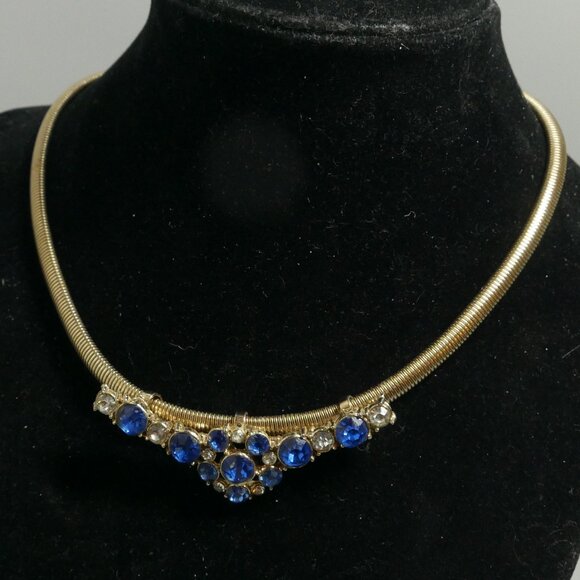 Coro VTG Pegasus Choker Sapphire Colored Rhinestones Gold Tone Necklace - Picture 4 of 7